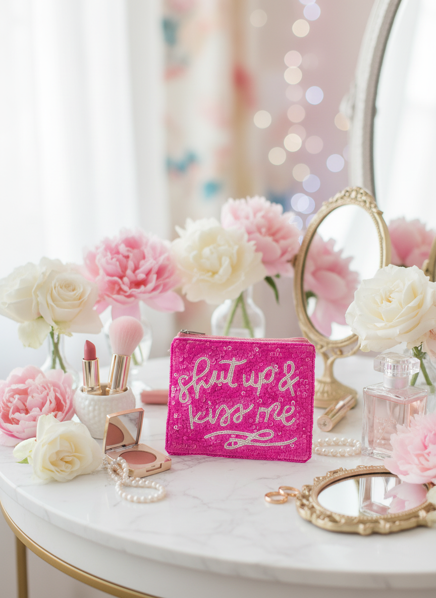 Pochette zippée à perles « Shut Up & Kiss Me »