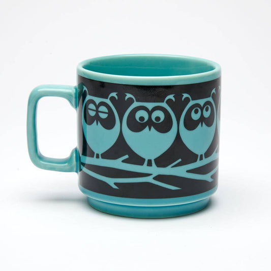 Magpie x Hornsea mug with owl on branch design, teal