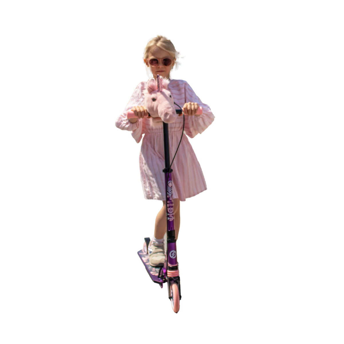 Pink unicorn head accessory for children's bicycle or scooter
