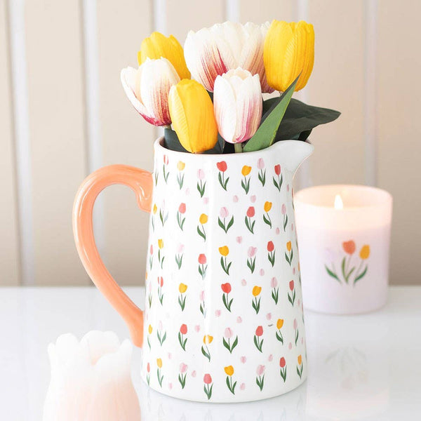 Tulip-patterned ceramic pitcher for spring and Mother's Day