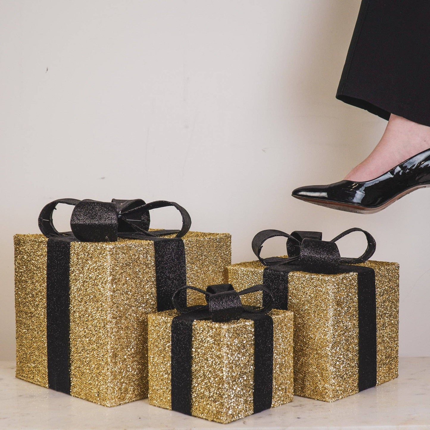LED-kerstcadeau - S3 - Polystyreen - Goud/Zwart - 15/20/25 cm