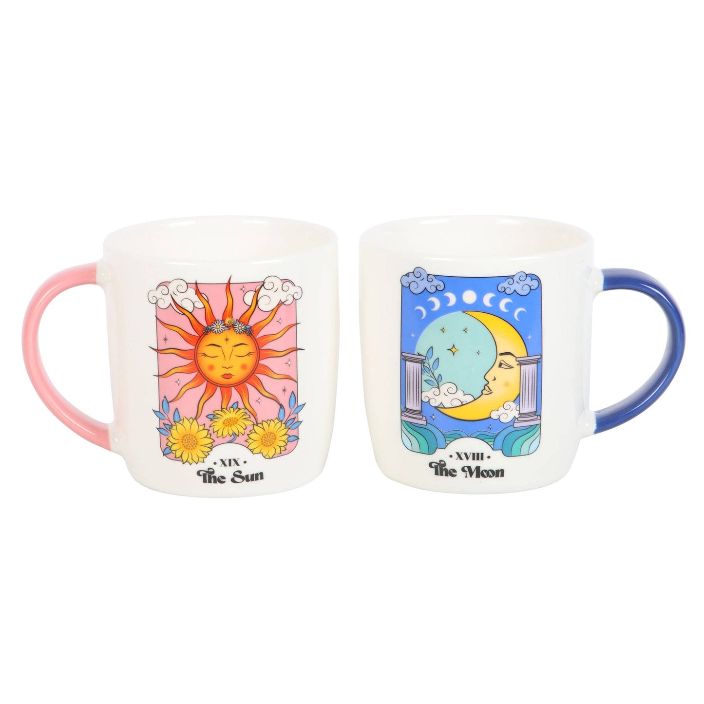 Set hemelse mokken met zon- en maanmotief.