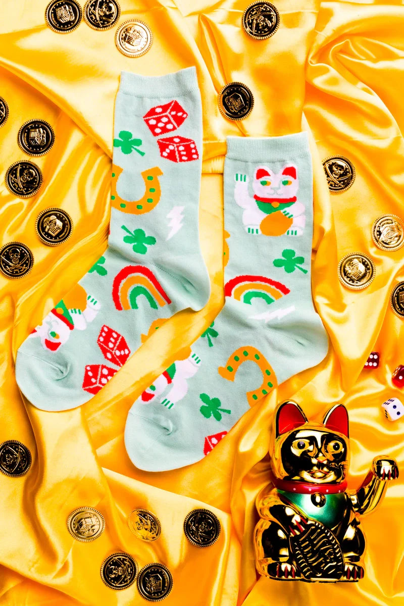 Chaussettes Porte-bonheur - Chats Chanceux, Trèfles, Éclairs et Arcs-en-Ciel