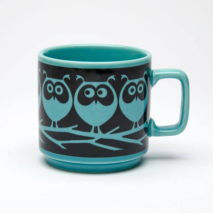 Magpie x Hornsea mug with owl on branch design, teal