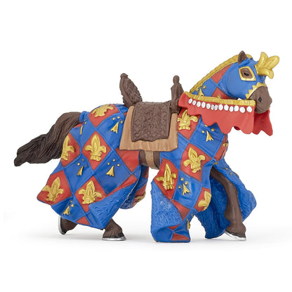 Blue horse figurine with a fleur-de-lis design
