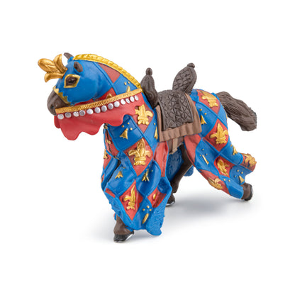 Blue horse figurine with a fleur-de-lis design