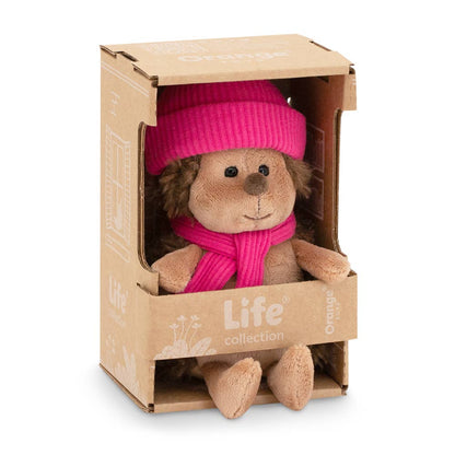 Fluffy the hedgehog plush toy with raspberry hat, 15cm