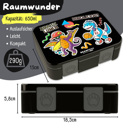 Lunch box with compartments, lightweight & leak-proof - Dinos black