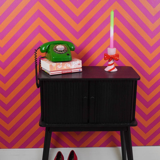 Candlestick - Stripes with Bow - Pink/Red - 9x8x14cm