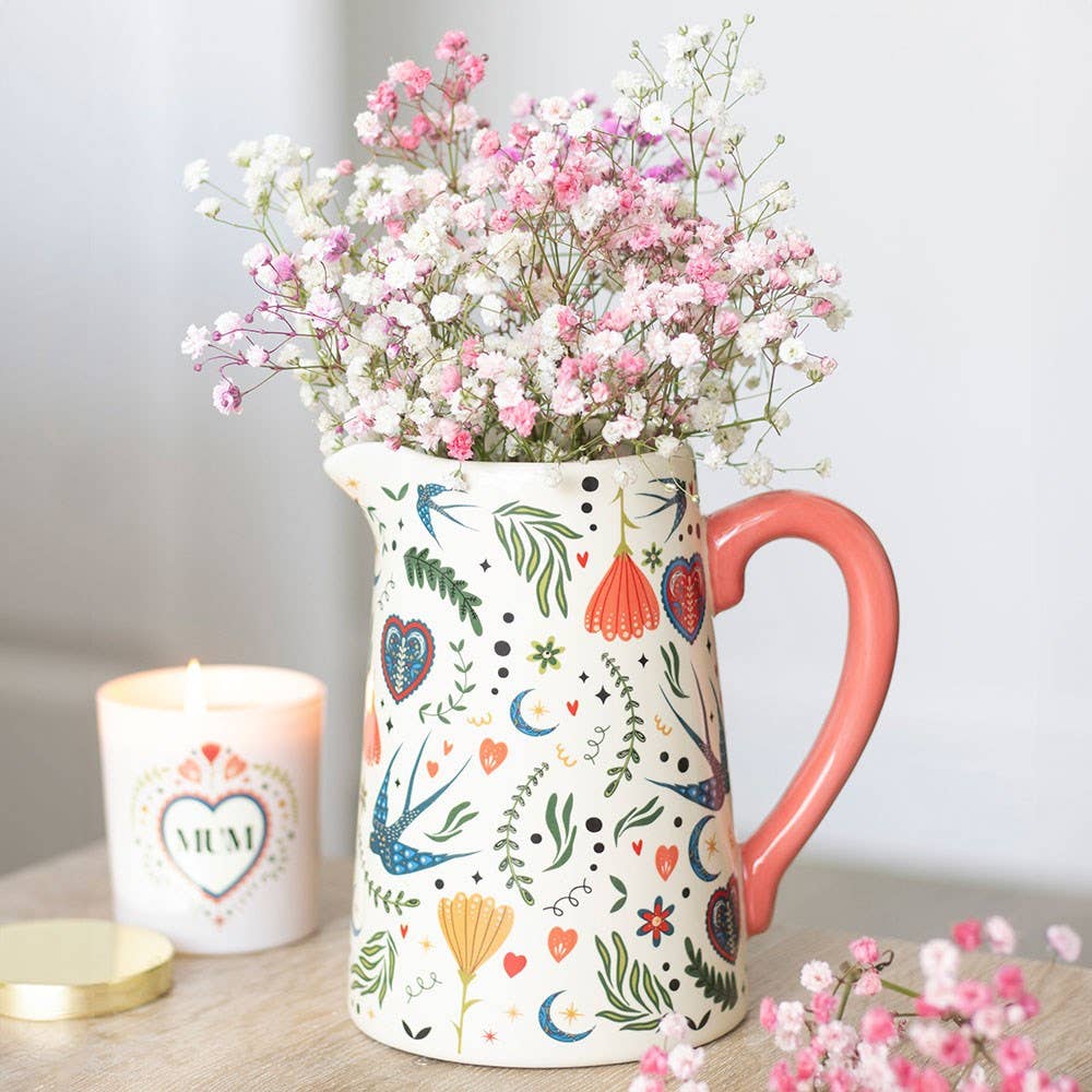 Cream Folk Floral Pitcher