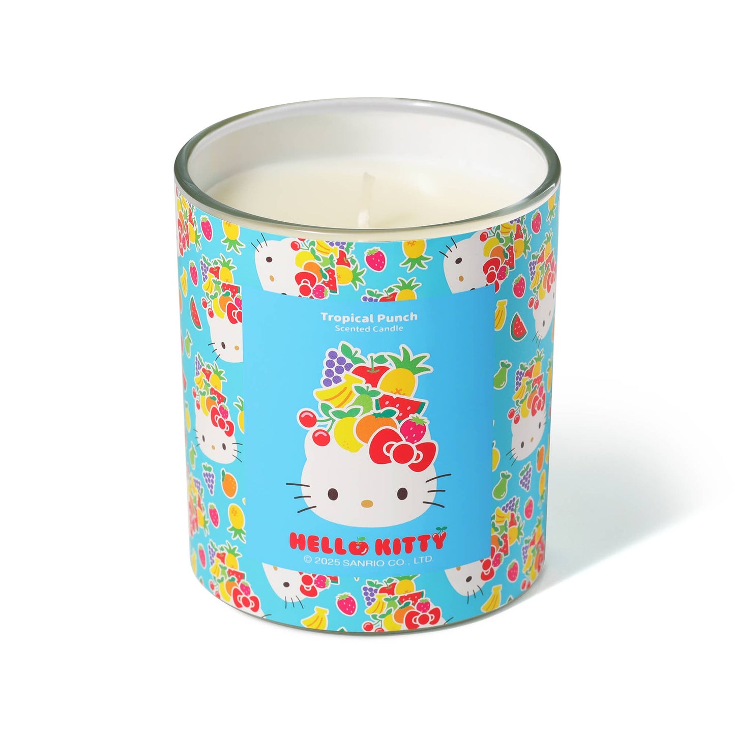 Blauwe kaars met originele Hello Kitty-print, geur Tropical Punch.