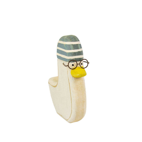 Wooden duck with a beanie and glasses