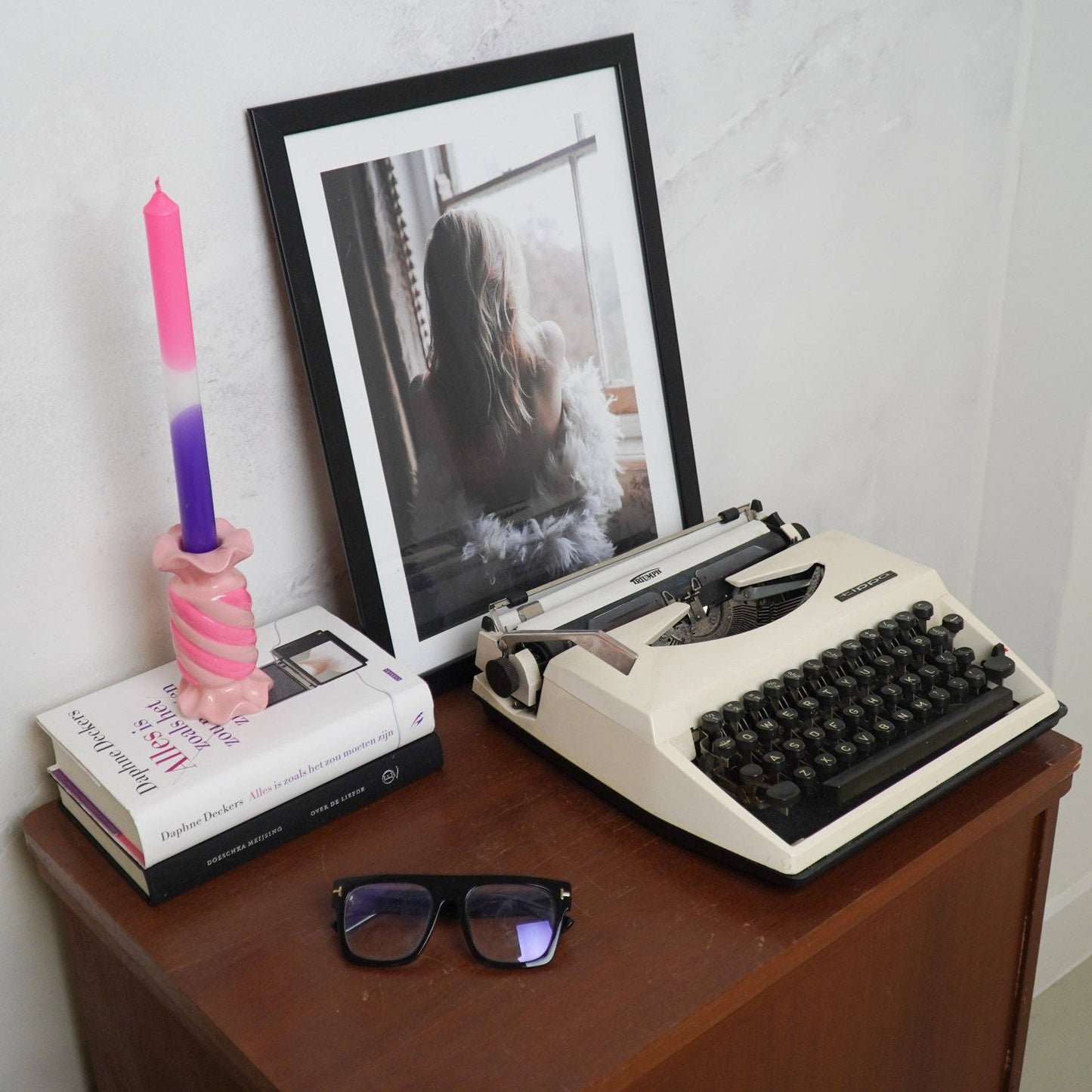 Kandelaar - Toffee Candy - Keramiek - Roze/Neon - 7,5x7,5x13 cm