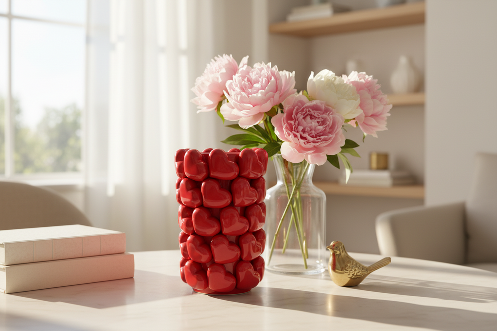 Grand Vase en Céramique à Motifs de Cœurs 3D