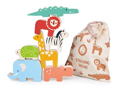 Mentari Bambino: SAFARI EMPILABLE 20x20x10cm, 7 pièces, en bois, dans un sac à cordon de serrage imprimé, en boîte, 18m+