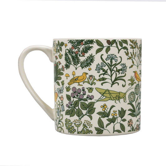 Voysey keramische mok met botanische tuin en dieren in crèmekleur.