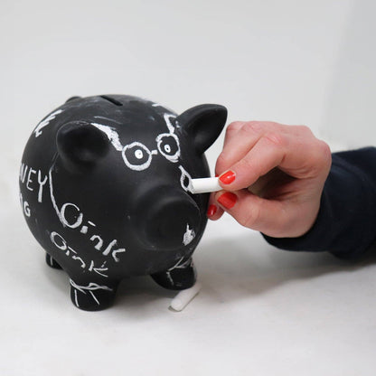 'Blackboard' piggy bank with chalk for writing