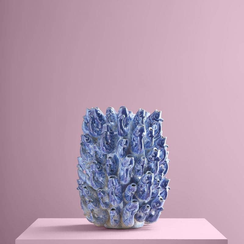 Vaas met vismotief, blauw aardewerk, 24 x 24 x 32 cm