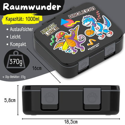 Lunch box with compartments, lightweight & leak-proof - Dinos black