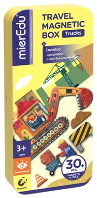 MierEdu BOÎTE DE PUZZLE MAGNÉTIQUE voyage: CAMIONS 9x3,3x20,3cm, contient 2 scènes et plus de 30 pièces de puzzle magnétiques, dans une boîte en métal, 3+