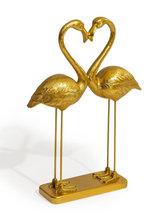 Een paar roze flamingo's met het thema "Hart van de Liefde" in antiek goud.