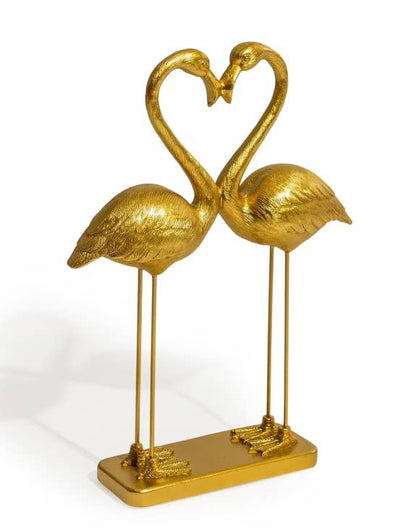 Een paar roze flamingo's met het thema "Hart van de Liefde" in antiek goud.