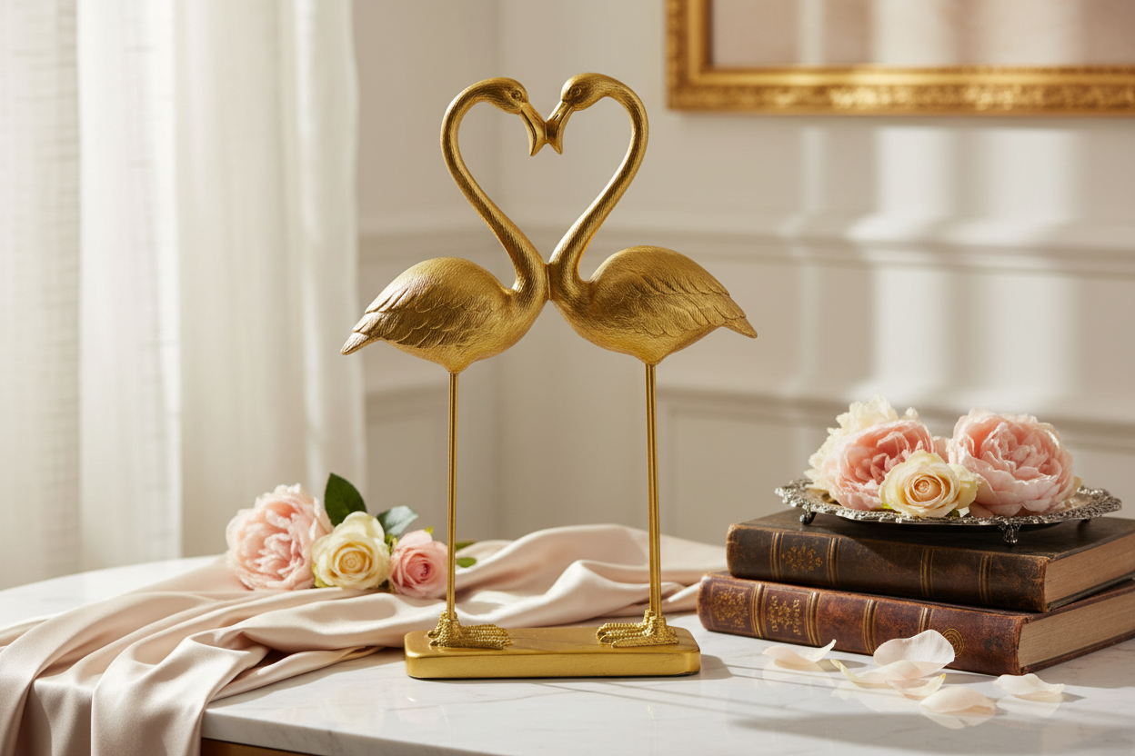 Een paar roze flamingo's met het thema "Hart van de Liefde" in antiek goud.