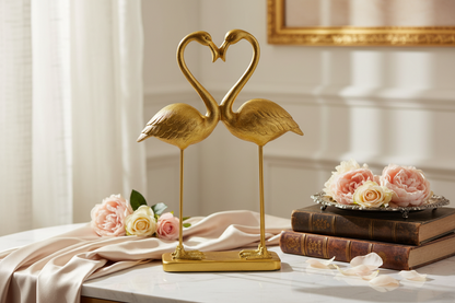 Een paar roze flamingo's met het thema "Hart van de Liefde" in antiek goud.