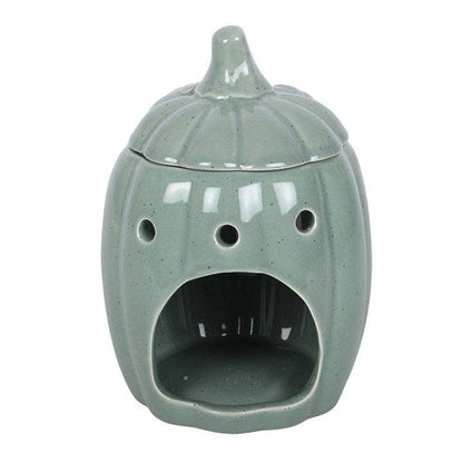 Tall, sage green, pumpkin-shaped oil burner with lid