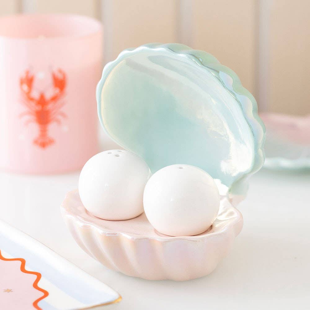Iridescent clam shell salt and pepper shaker