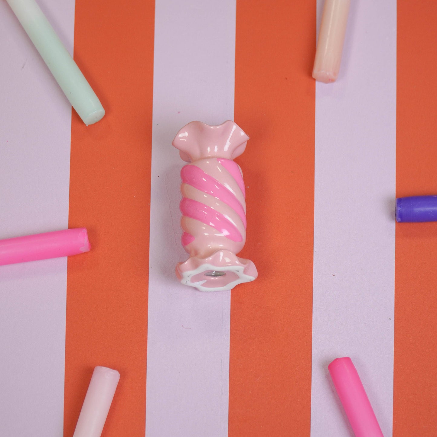 Kandelaar - Toffee Candy - Keramiek - Roze/Neon - 7,5x7,5x13 cm