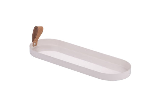 WHITE METAL TRAY/LEATHER HANDLE 35.5X12X2CM - 5926328