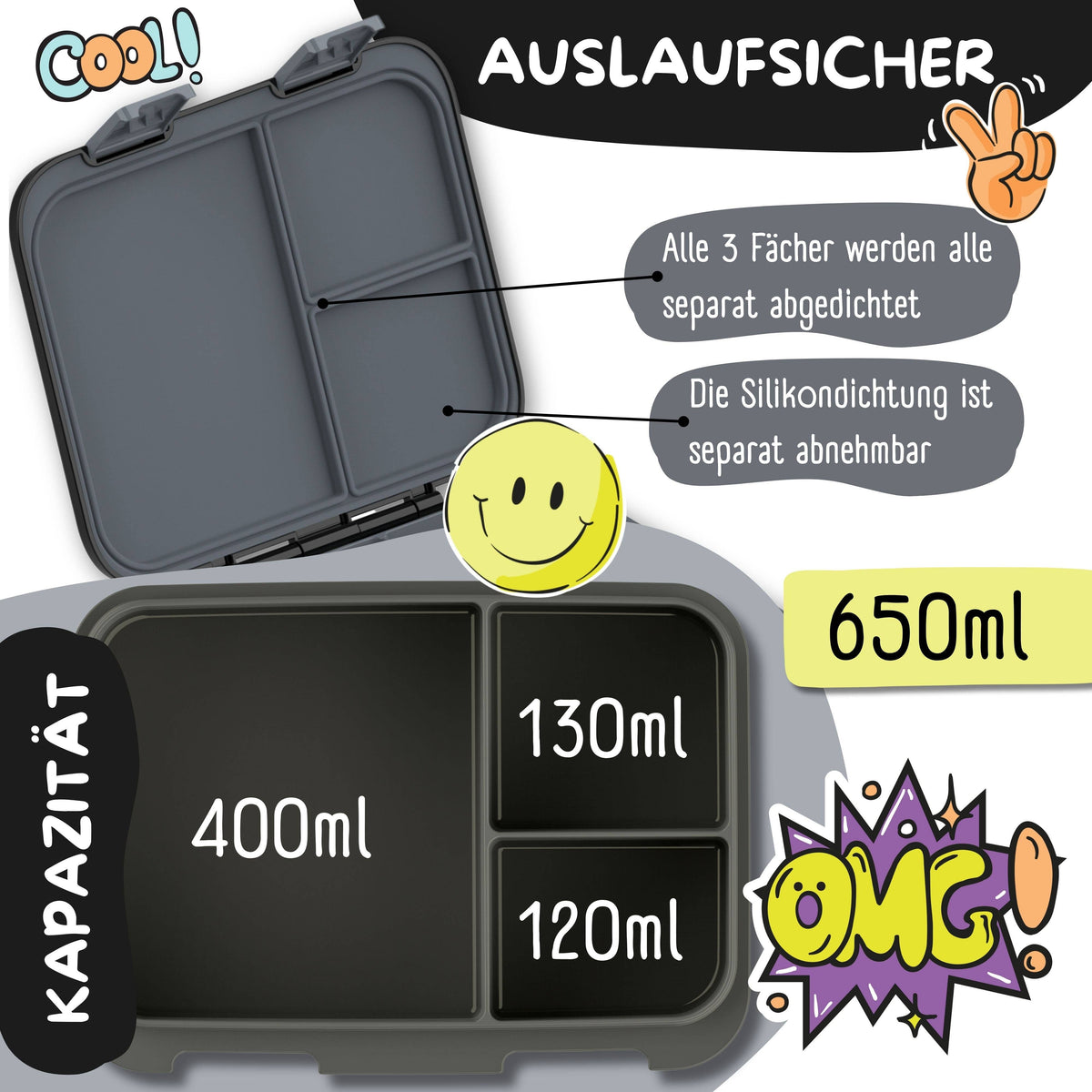 Lunch box with compartments, lightweight & leak-proof - Dinos black
