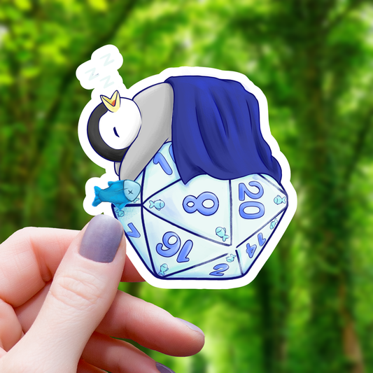 Autocollant Pingouin dormant sur un D20