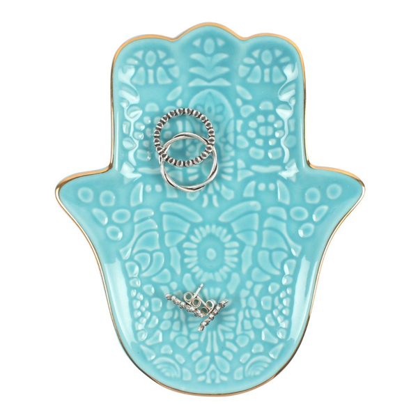 Small turquoise ceramic Hamsa hand jewelry dish