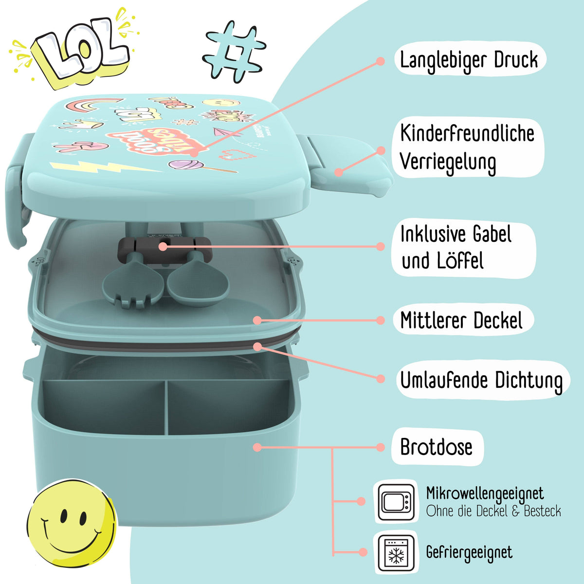 Kids' Bento Lunch Box with Compartments, Leak-Proof - Stickers, Mint