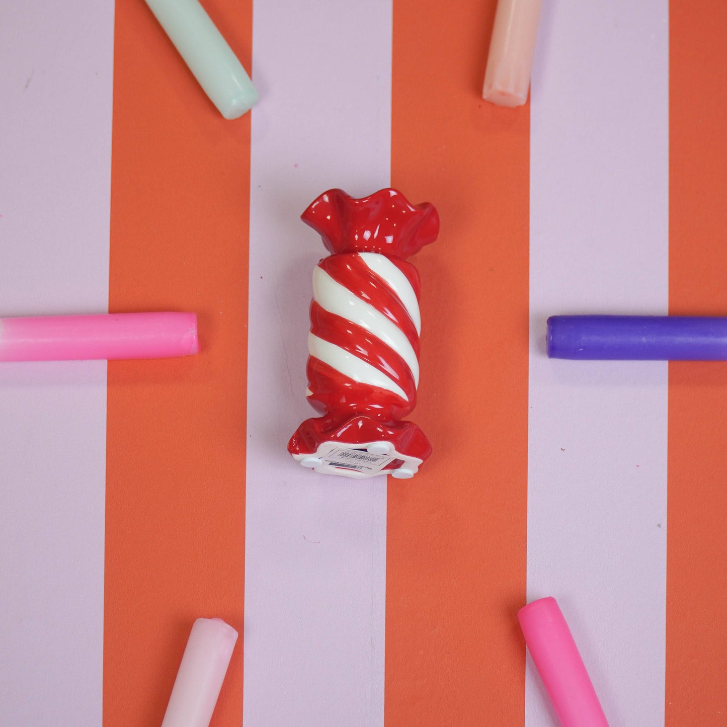 Candlestick - Toffee Candy - Ceramic - Red/White - 7.5x7.5x13 cm