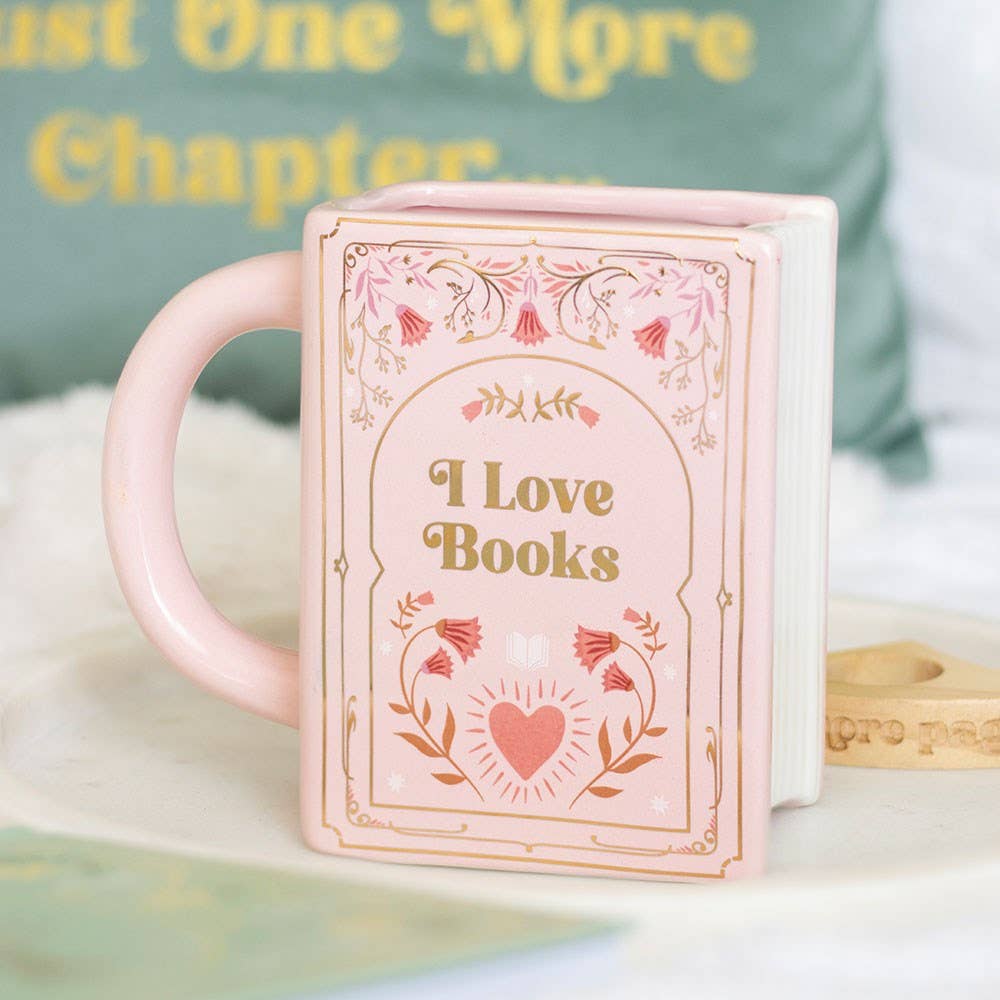 “I Love Books” Book Shaped Mug Pink