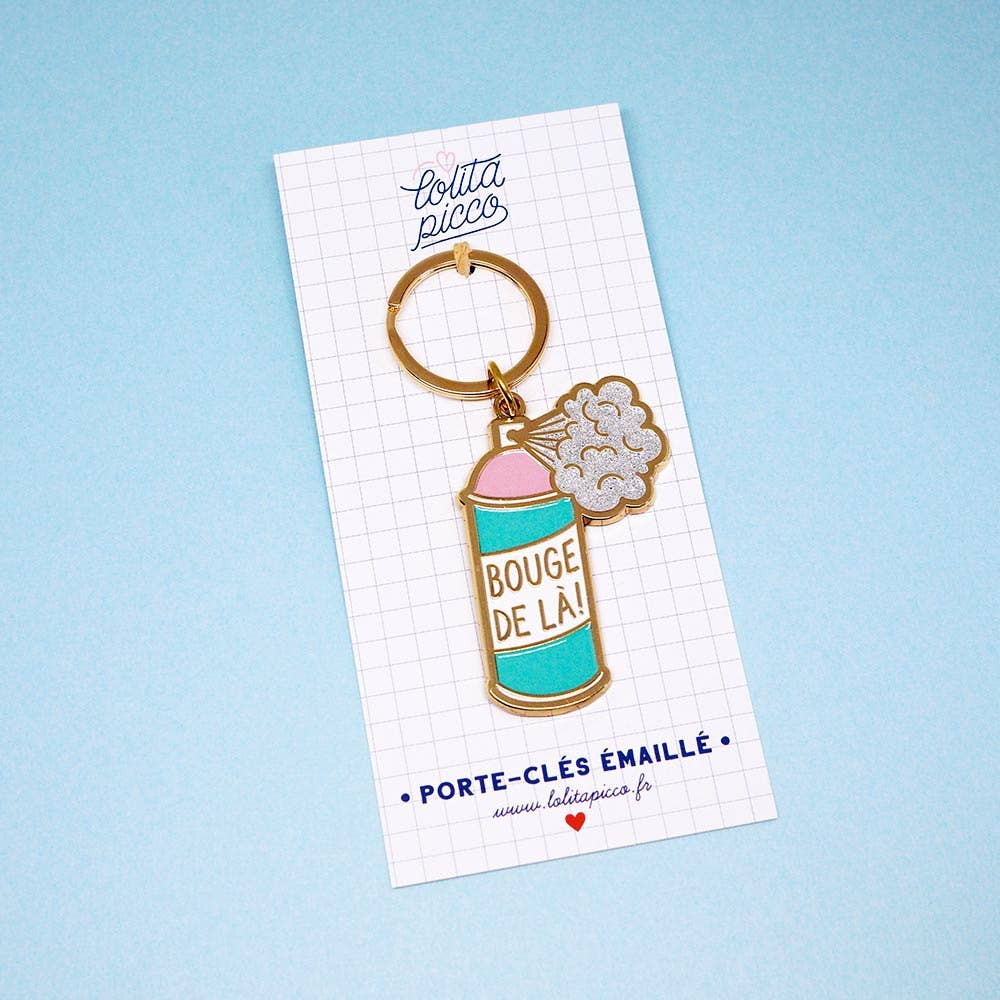 Sleutelhanger met de tekst "Verhuis hier weg"