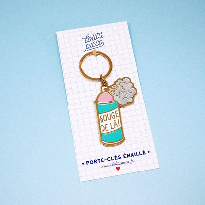 Sleutelhanger met de tekst "Verhuis hier weg"