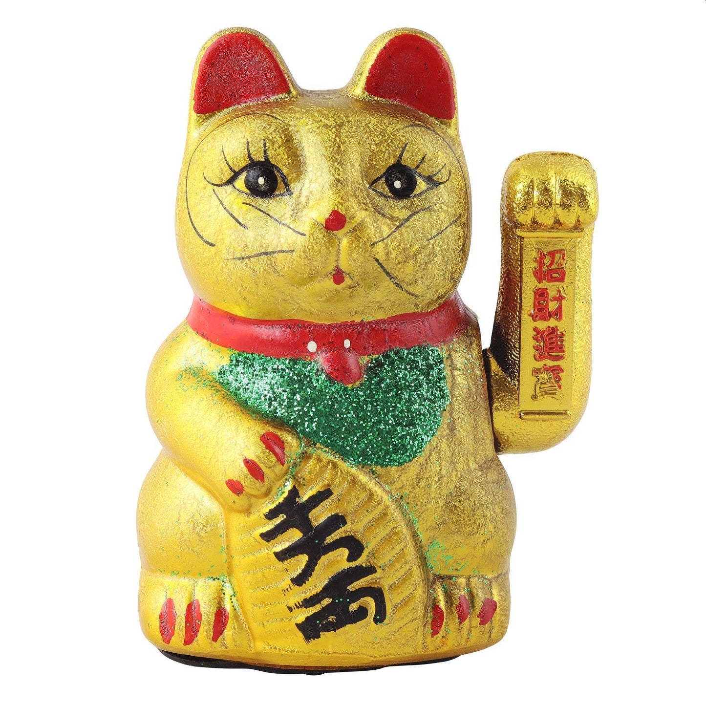 Maneki-neko lucky cat in the shape of a wave, ceramic, 17 cm, gold