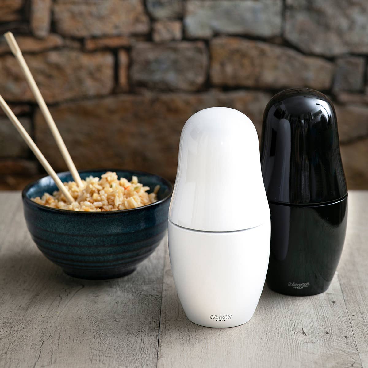 "Matryoshka" spice mill in glossy black lacquered beech