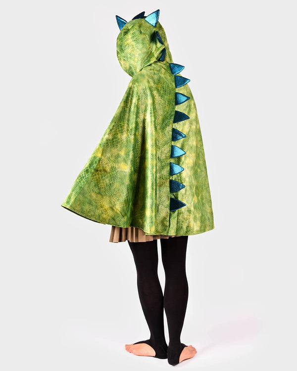 Adult green dinosaur cape with hood and metallic blue spikes