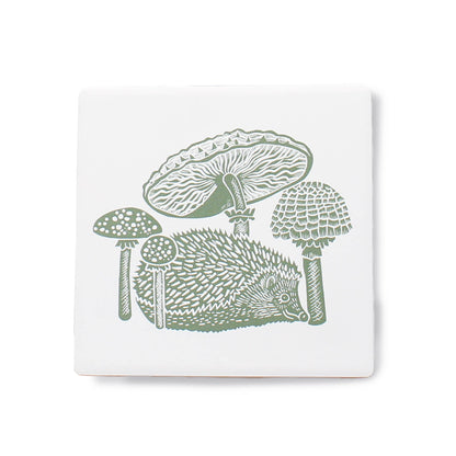 Woodland Mushroom Hedgehog Green Ceramic Coasters