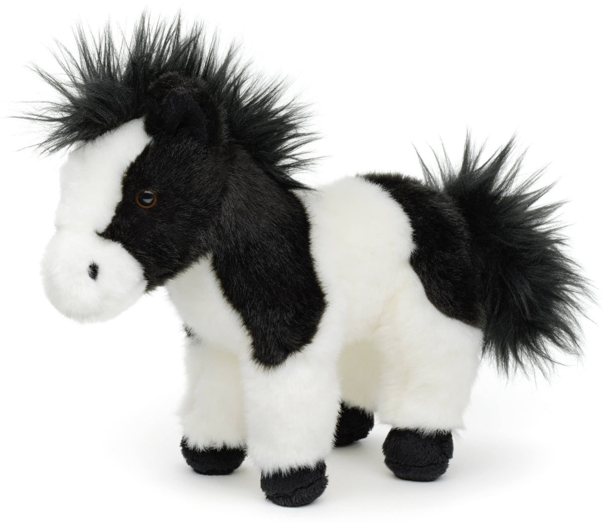 Standing black and white horse plush toy