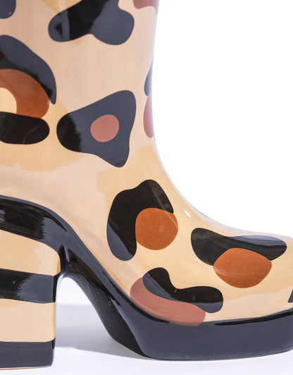 Ceramic high-heel boot vase, leopard print