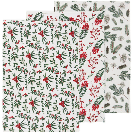 Set of 3 Winterberry Bakers Floursack Christmas Tea Towels