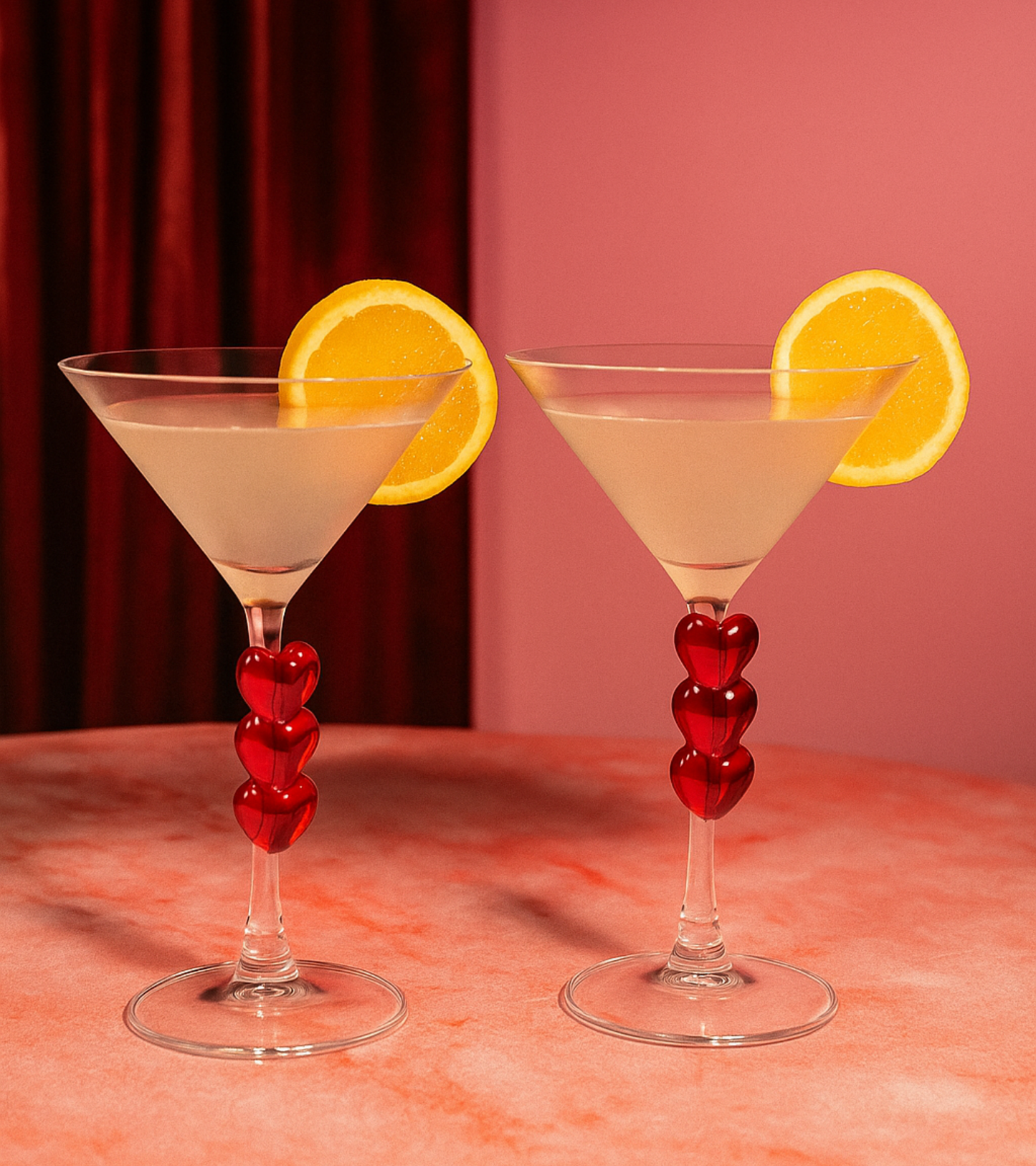 Set of two heart-design Martini glasses