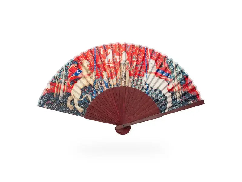 Bamboo fan with "Lady and the Unicorn" printed fabric