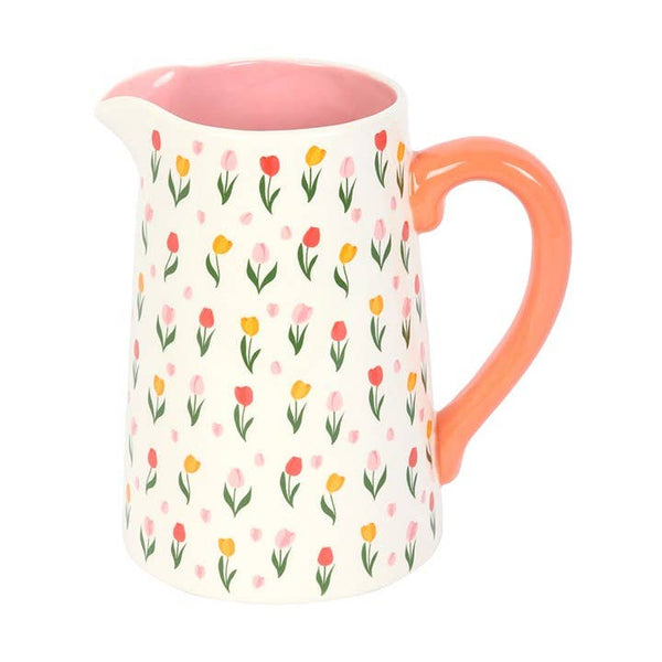 Tulip-patterned ceramic pitcher for spring and Mother's Day